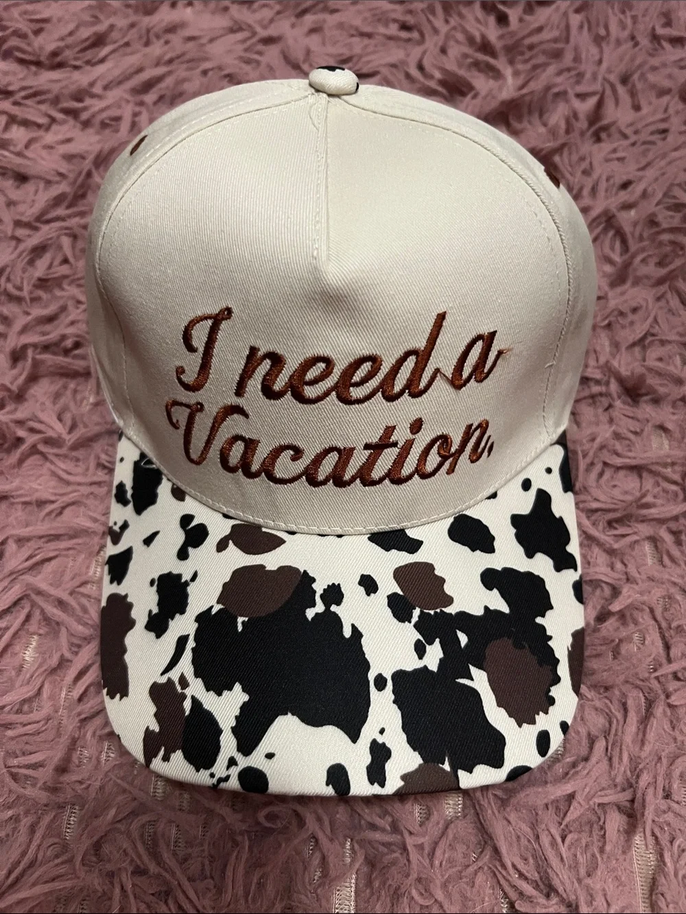NWT Cream 'I need a Vacation.' Cap with Cow Print Brim